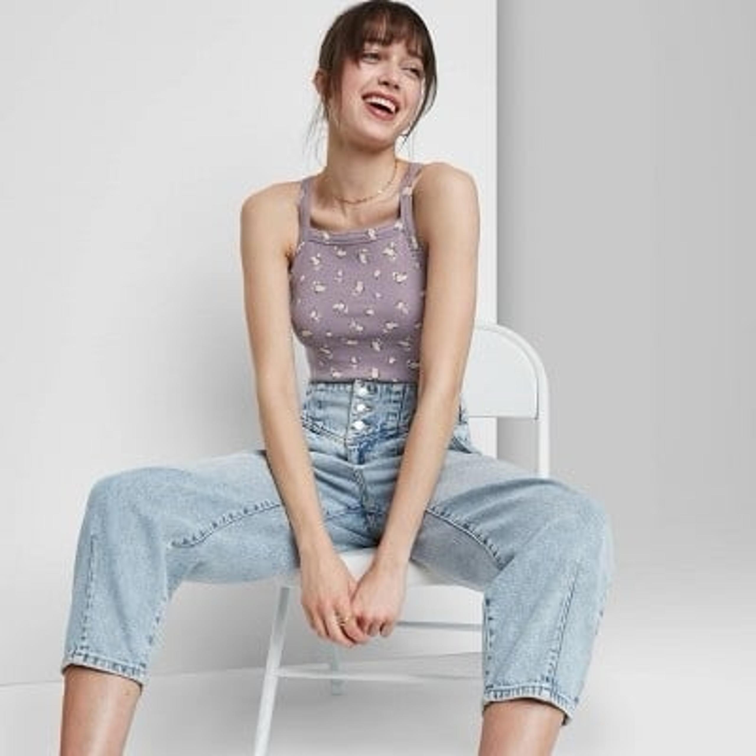 Wild Fable purple floral halter cropped top, size medium
