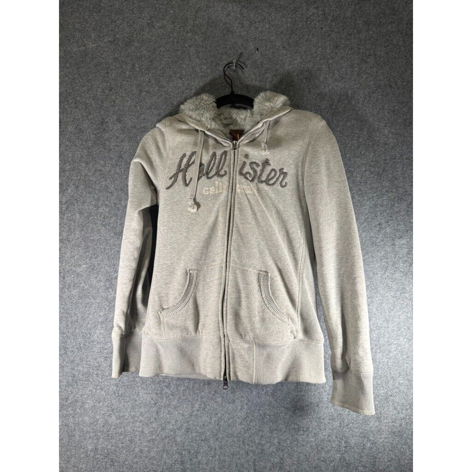 Hollister Hoodie Womens Large Grey Fur Lined Hood Full Zip Thick Preppy Y2K