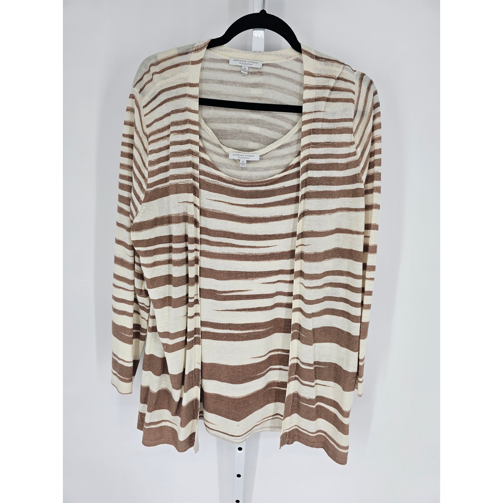 Adrienne Vittadini Women's Tan Scoop Neck Open Front Top-Cardigan Set Size 1X