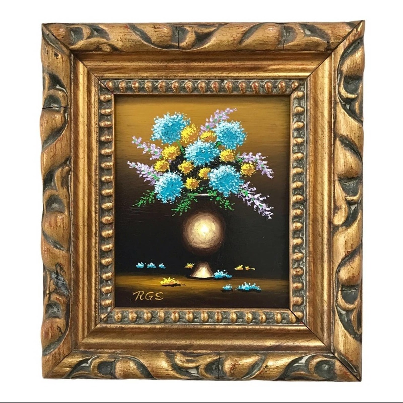 Blue Chrysanthemums Detailed Floral Painting with Vase by Roy Swanson