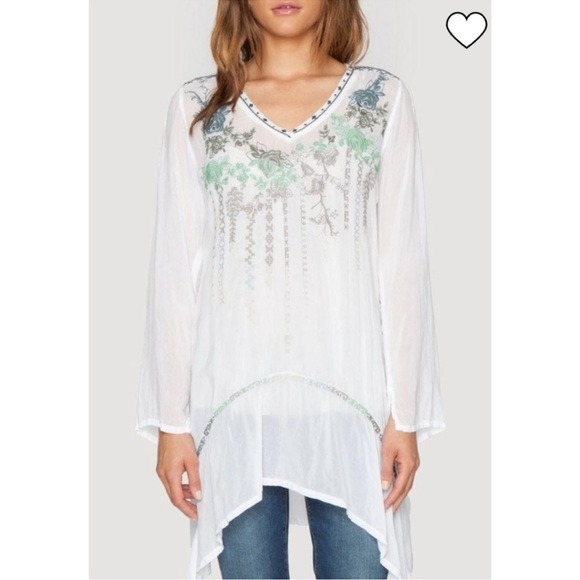Johnny Was Embroidered V-Neck Long Georgette Tunic