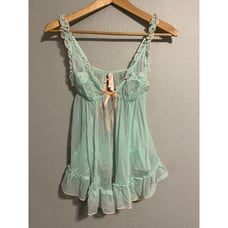 Victorias Secret Womens Slip Dress Medium Teal Mesh Babydoll Ruffle Coquette