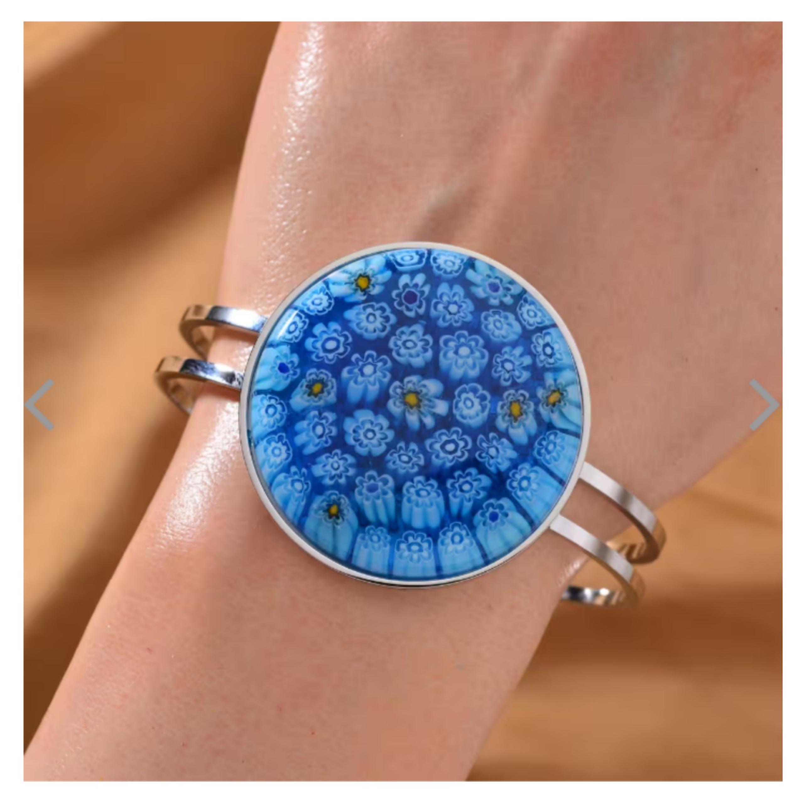 Murano Millefiori style bangle bracelet, blue, stainless steel, 6.50