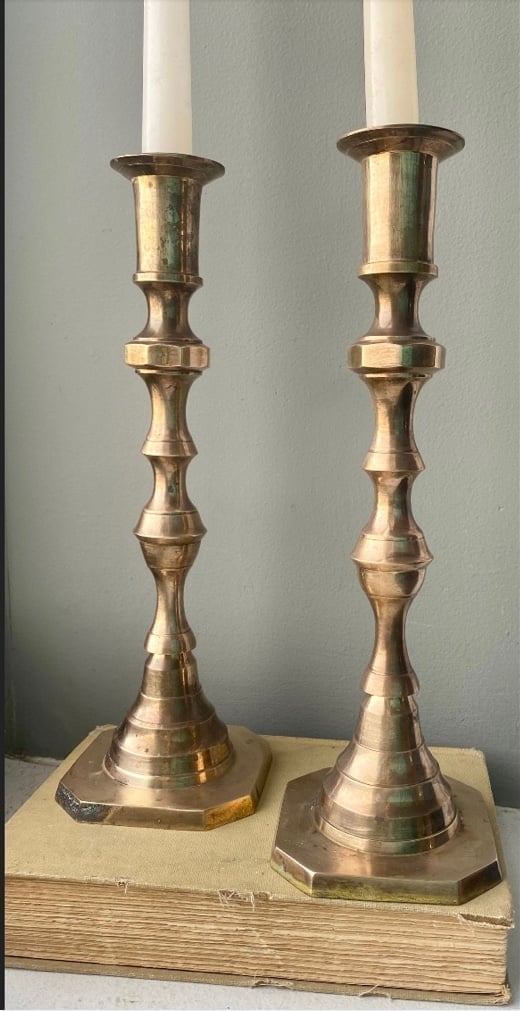 Mid-Century Modern Tall Pair of Brass Candlestick Holders, Vintage Brass Decor