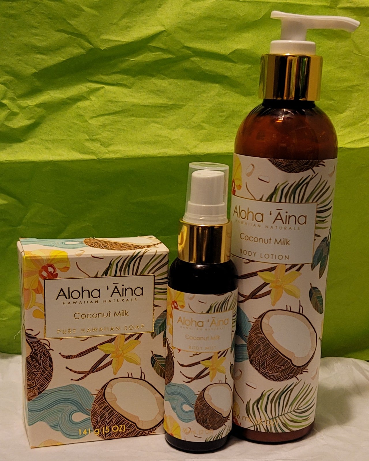 Aloha Aina body lotion, body mist, and bar soap set.