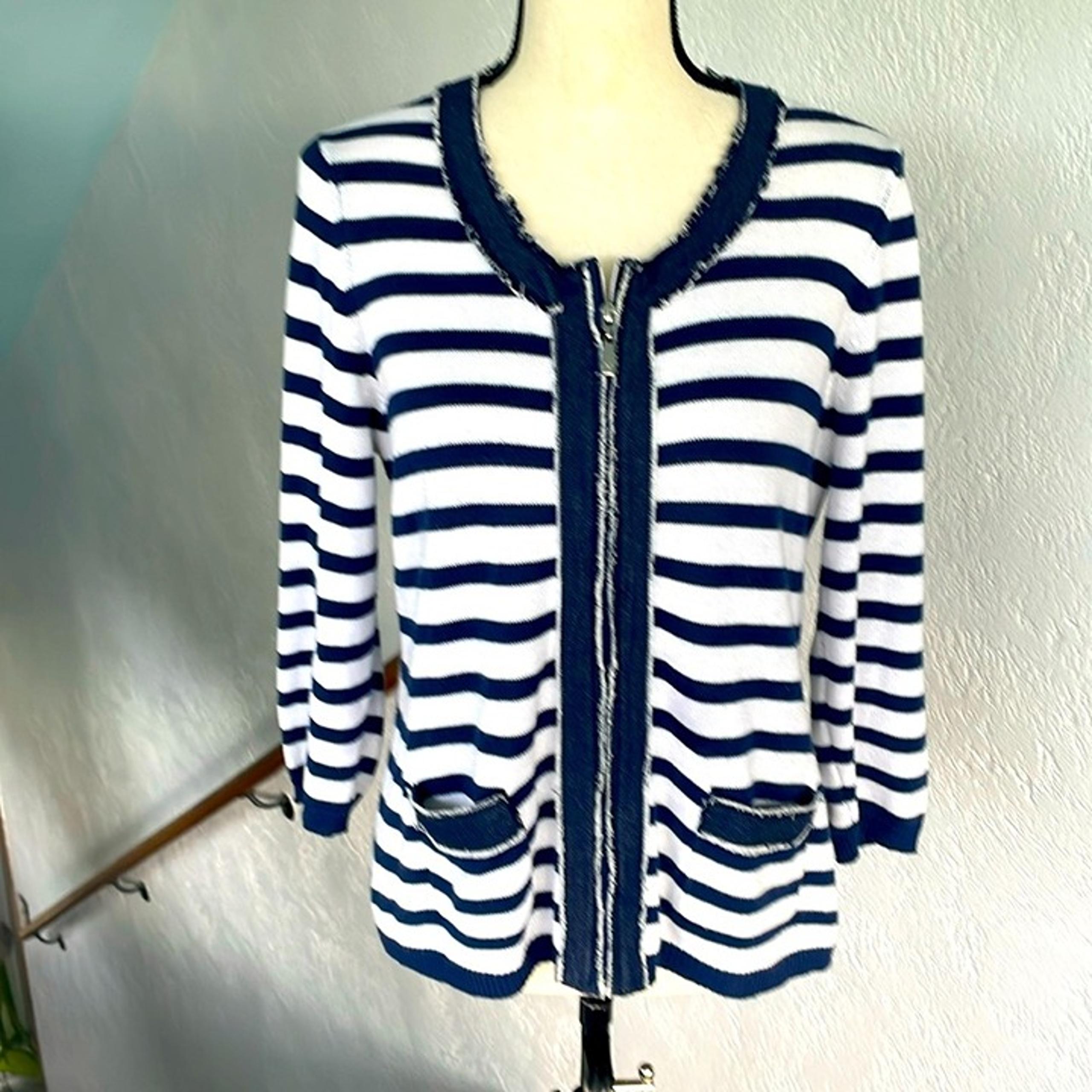Peter Nygard Petite Stripe Denim Trim Zip Up Cardigan With Pockets Medium