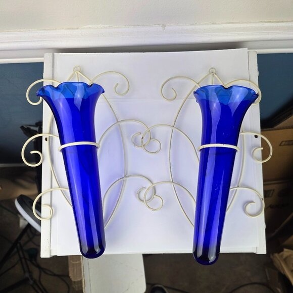 Set of Two Vintage Cobalt Blue Glass Bud Vase in Metal Hanging Holder