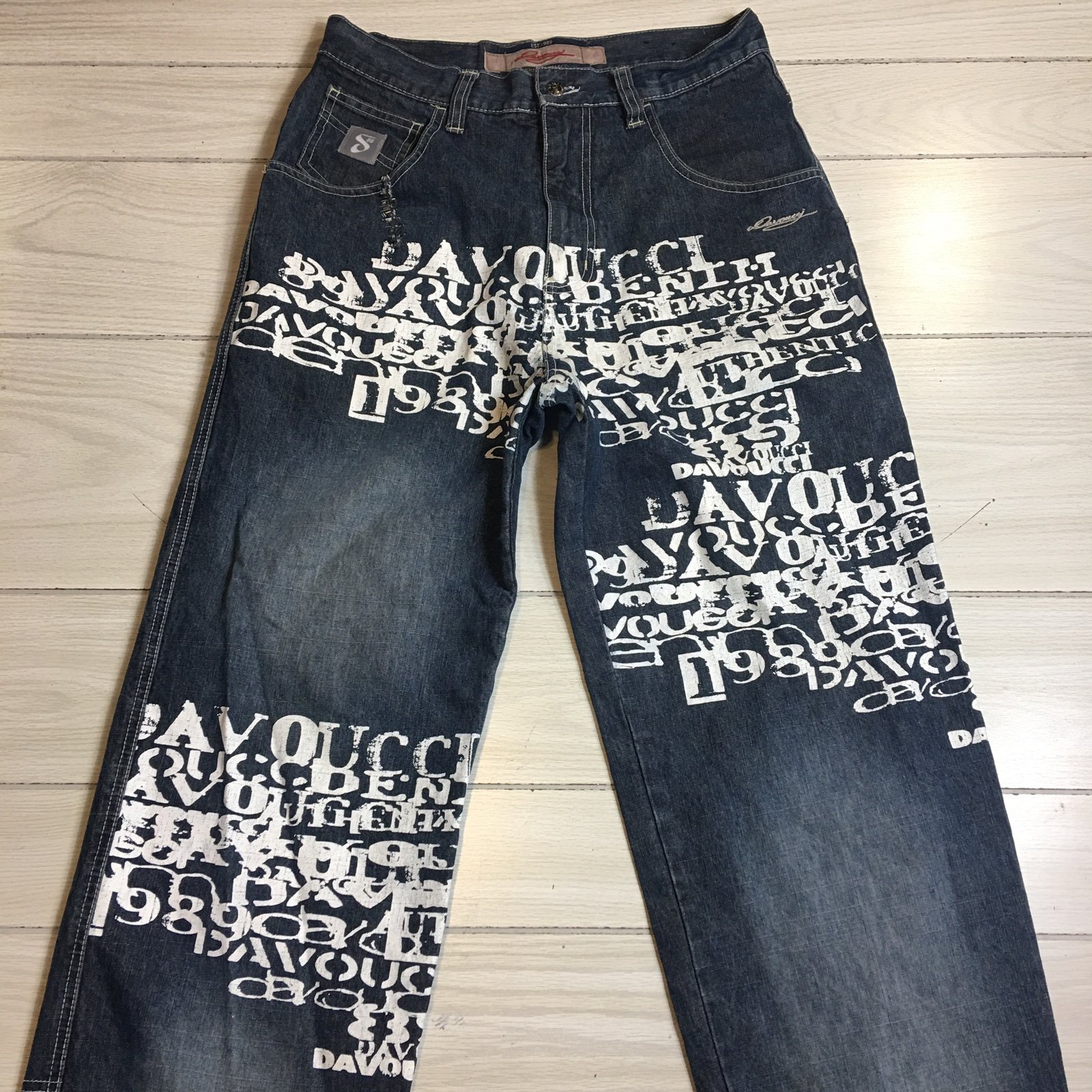 Rare Davoucci Hiphop Baggy Relaxed Loose Denim Jeans Logo All Over SZ 32X33