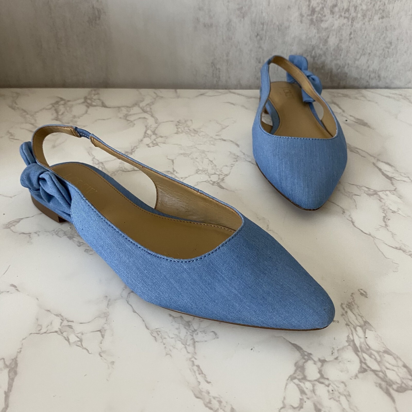 J.Crew Slingback Flats Shoe Women Sz 7.5 Blue Pointed Toe With Bow Classic