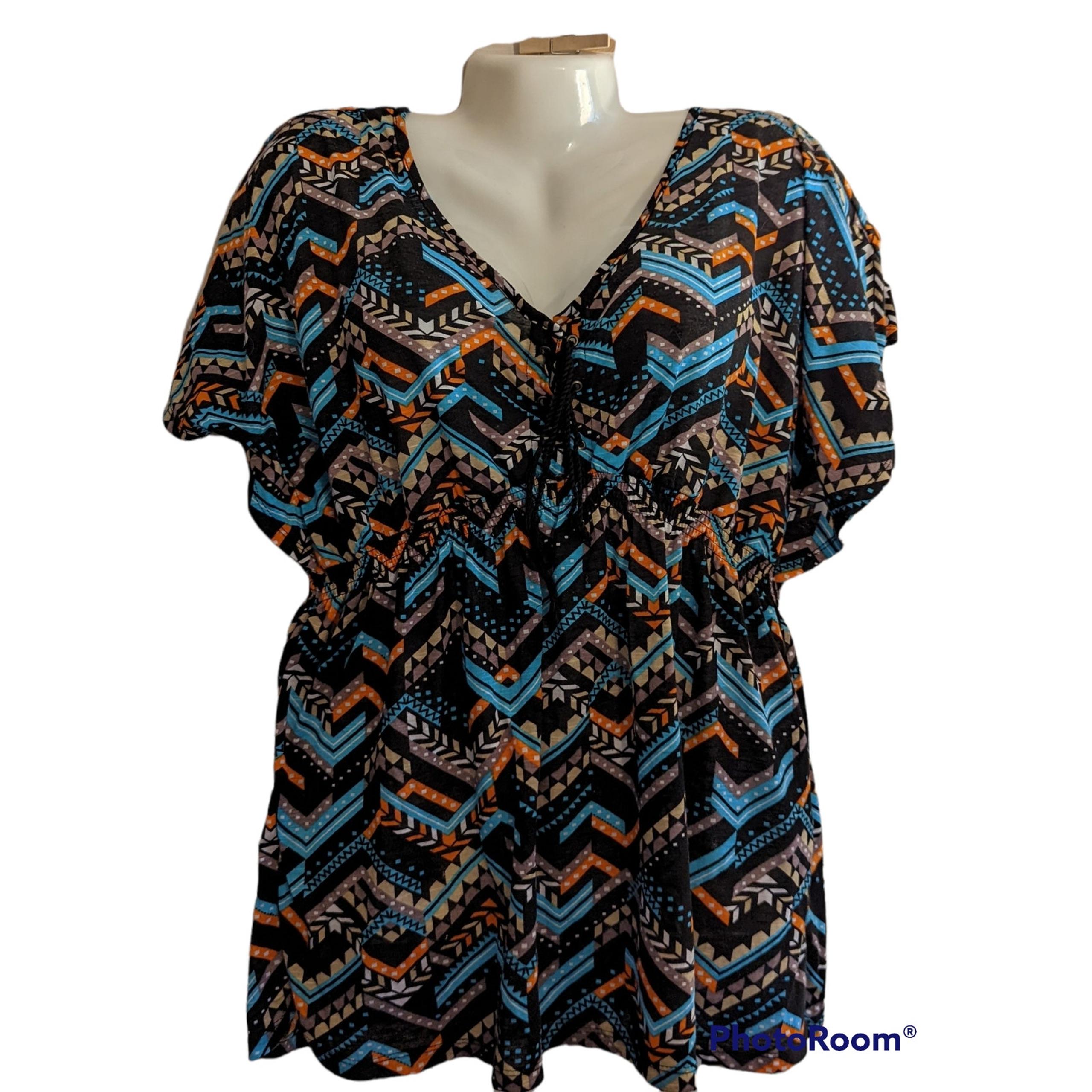 No Boundaries Black Orange Blue Geometric Chevron V Neck Tunic Blouse Top XL