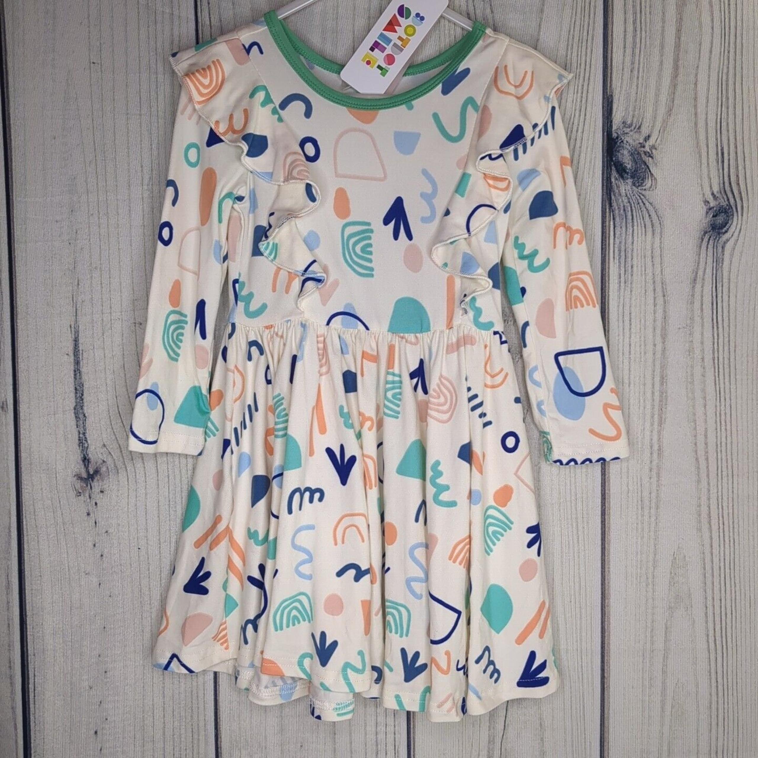 Dot Dot Smile Size 2T Girls Ivory Pastel Shapes Double Brushed Ruffle Dress NWT