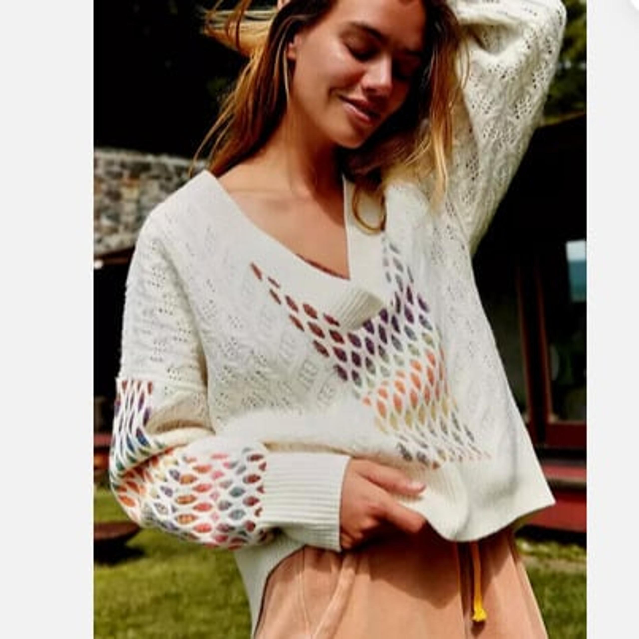 Anthropologie Maeve V-Neck Cable-Knit Wool Sweater XS Rainbow Ivory New