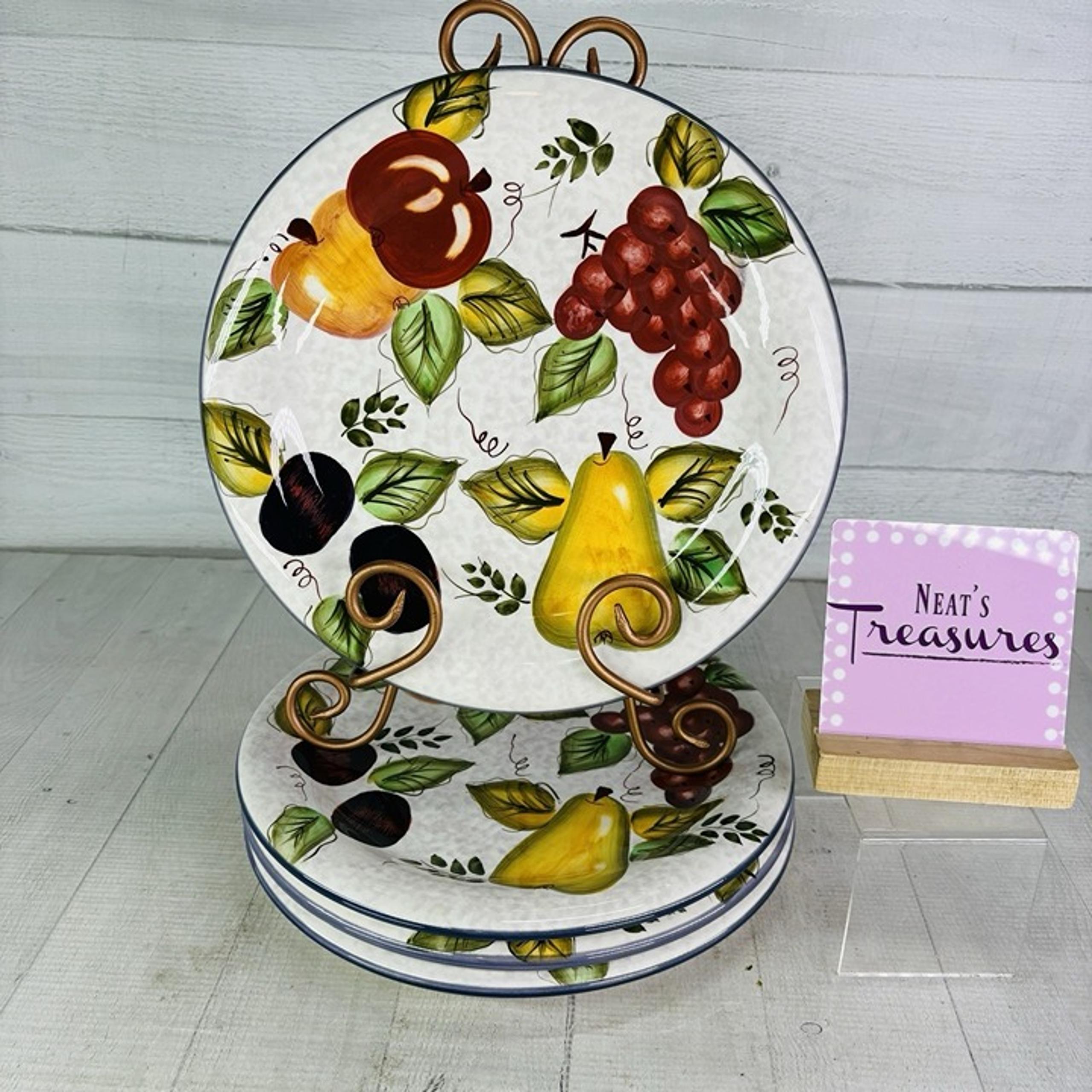 VINTAGE FRUIT Hand Painted Large Apples Pears Ceramic Dinner Plates Set 4 - Oneida