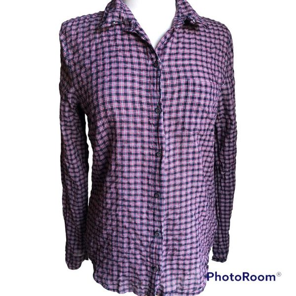 Equipment Femme navy red plaid button down long sleeve top medium