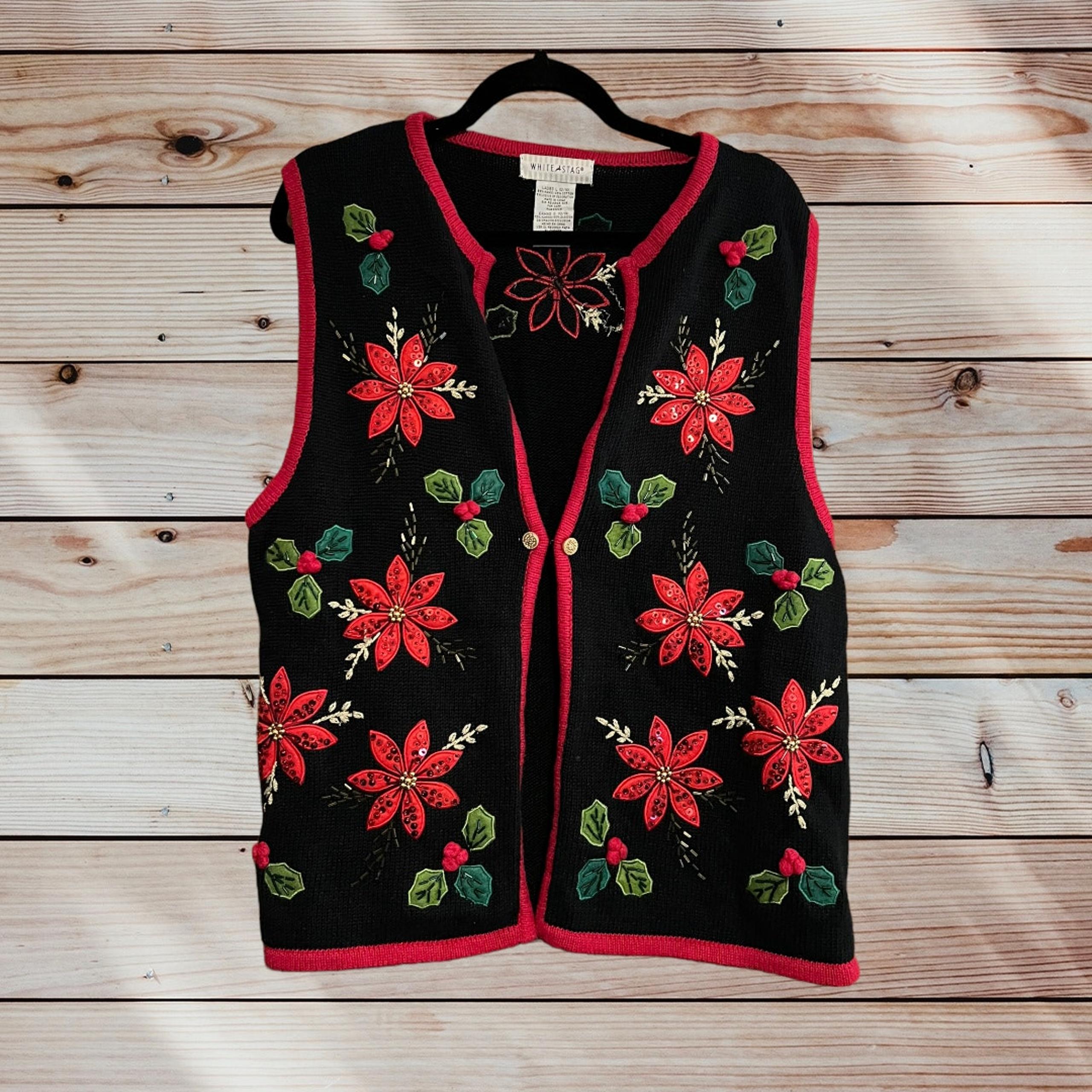 White Stag Women's Embroidered Beaded Holiday Sweater Vest Sleeveless SZ L