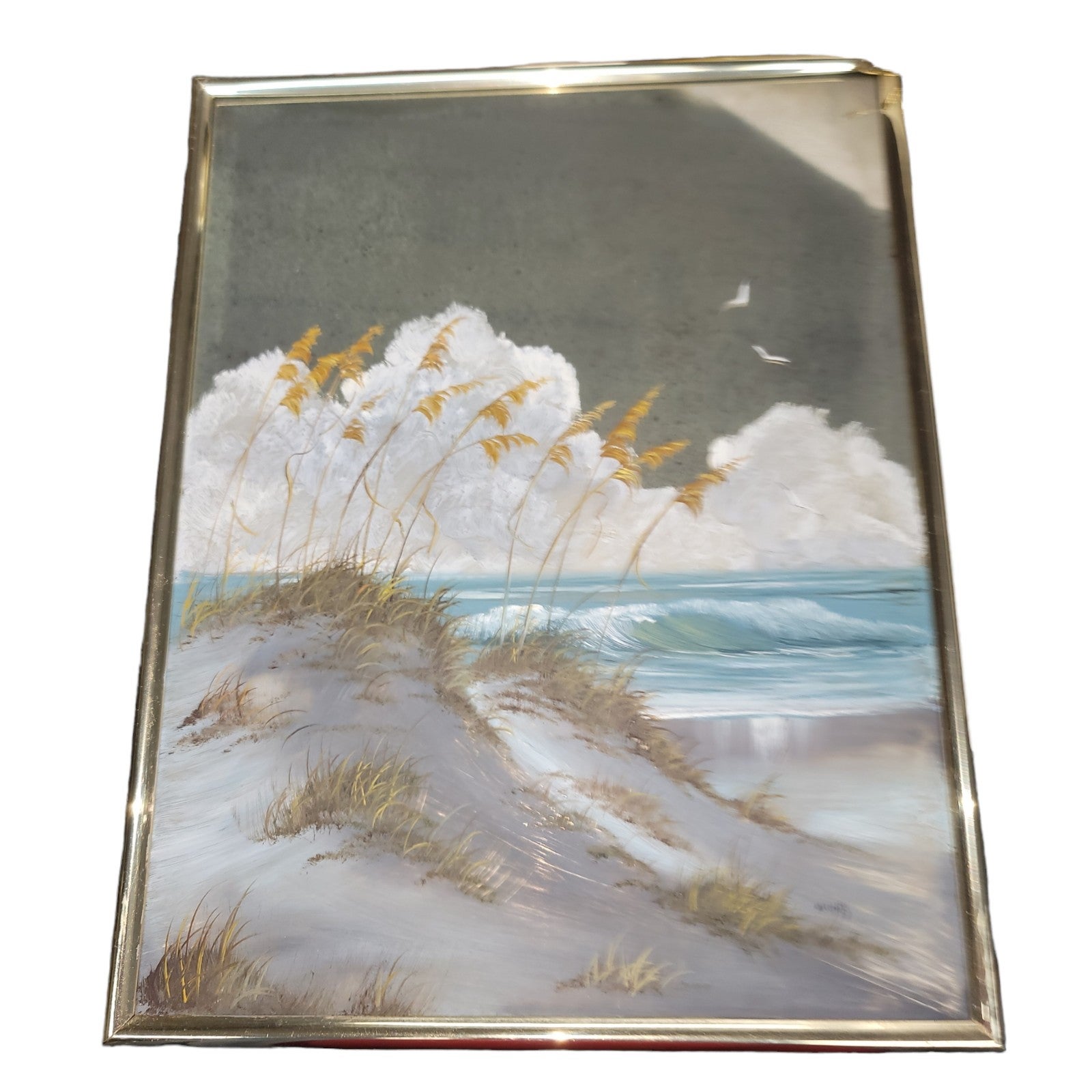Original Signed Vintage painting Beach Seagull Nautical on Mirror 11 x 14
