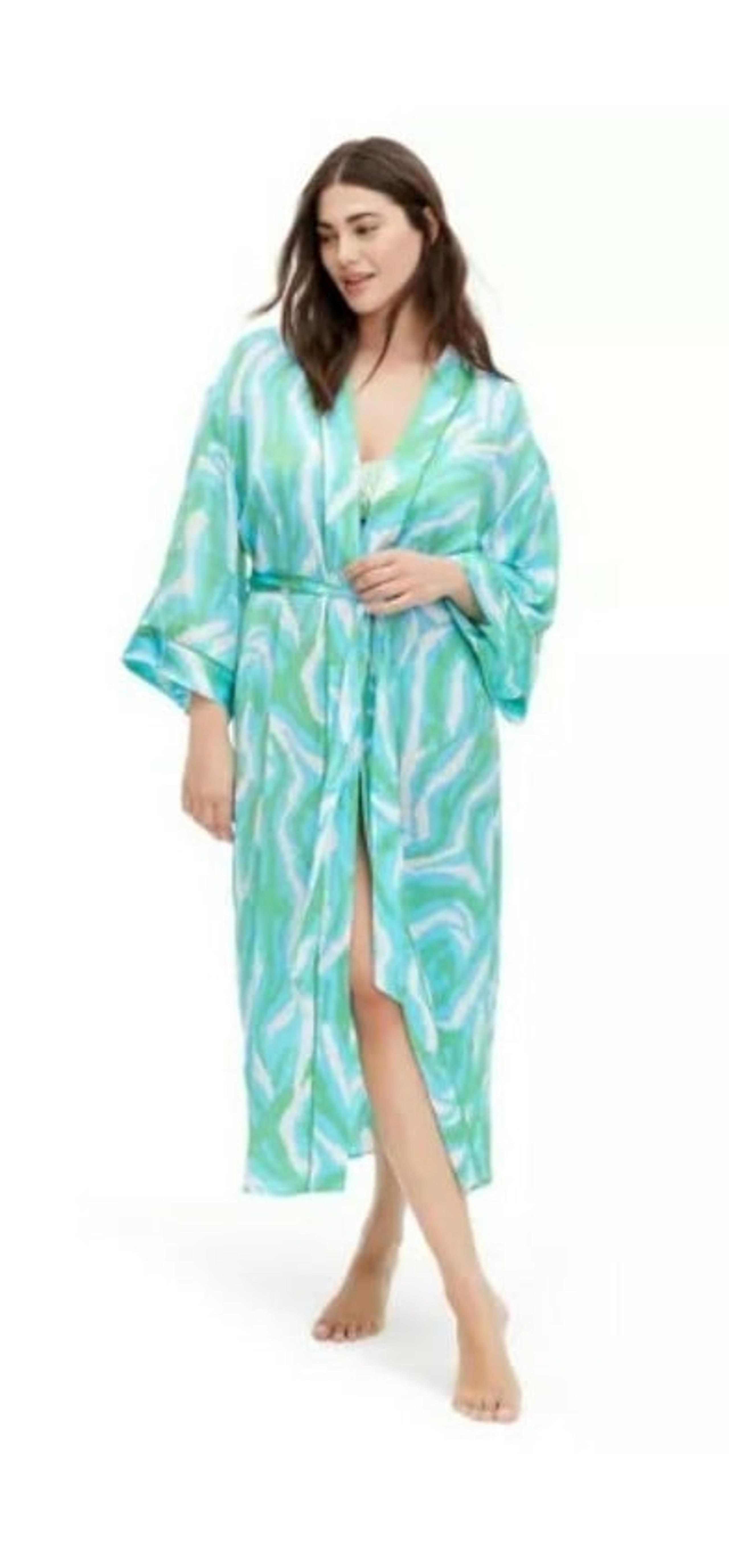 DVF Target Long Satin Disco Zebra Green Robe Sz M NEW Diane Von Furstenberg