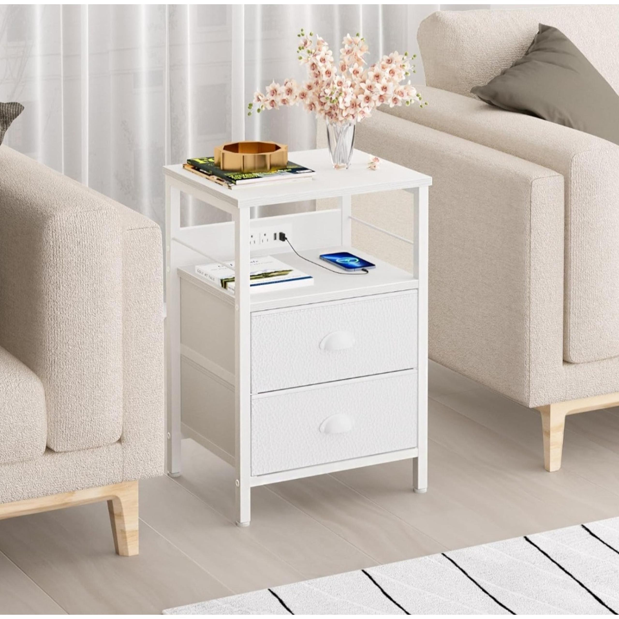 End Table, nightstand w/ Charging Station, Fabric Drawers, USB Ports White