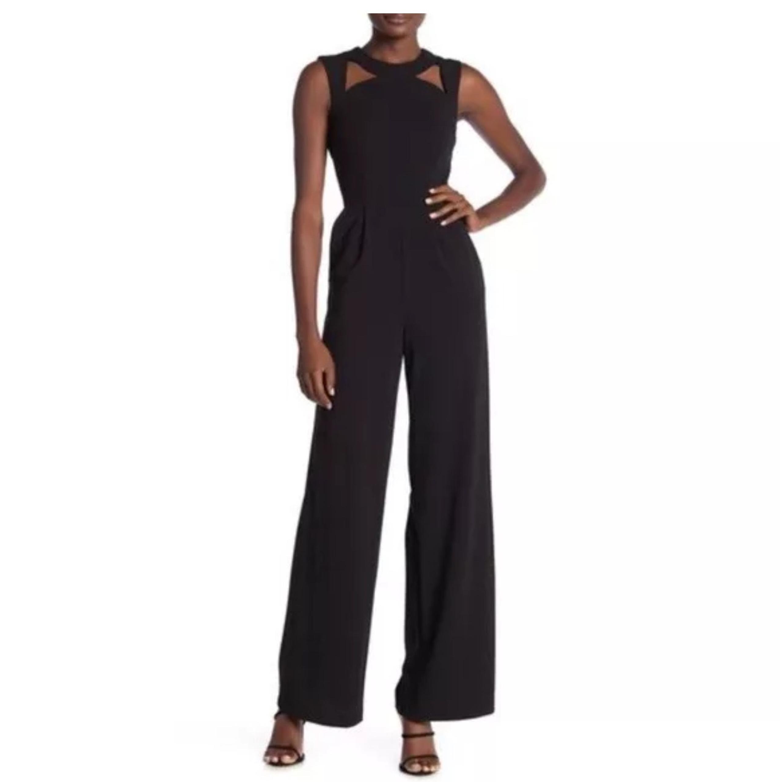 CALVIN KLEIN BLACK JUMPSUIT cutout neckline pockets romper wide leg SZ 2