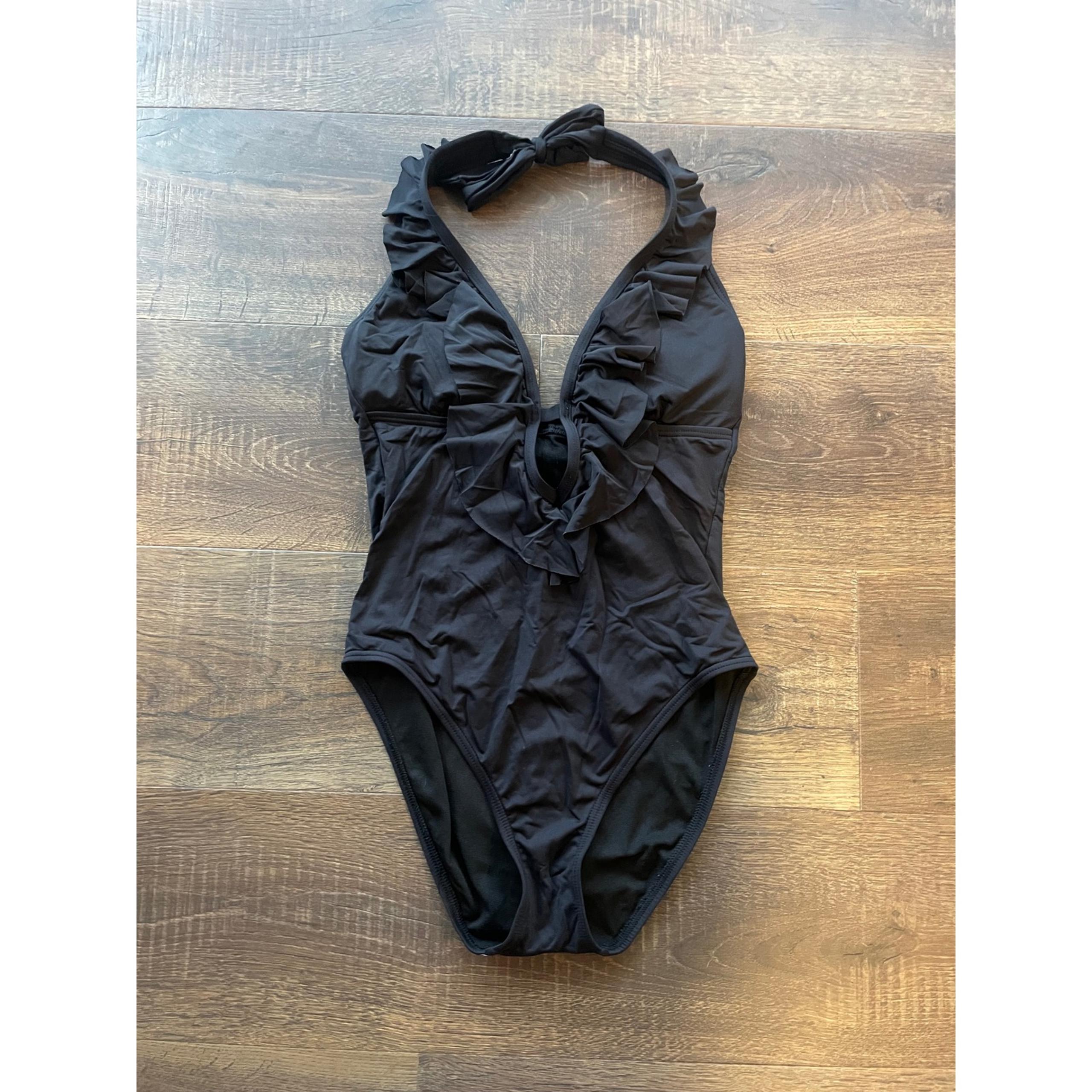 Reaction Kenneth Cole Deep Plunge Ruffle Front Black One Piece Swim Suit