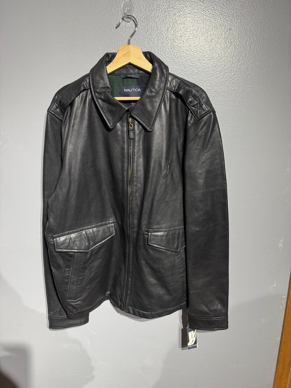 Nautica Black Genuine Leather Jacket Mens LARGE Buttery Soft Quilted Lining