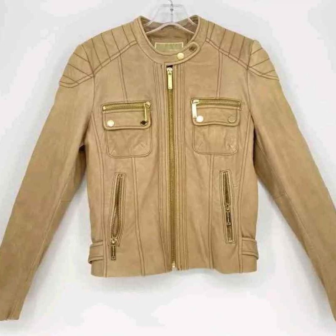 Michael Kors MK Womens Tan Leather Full-Zip Motorcycle Jacket Coat Size M