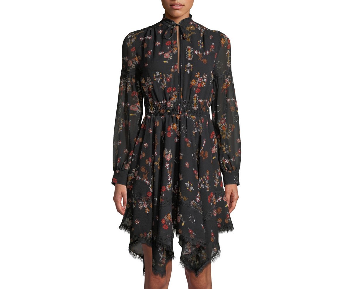 Derek Lam 10 Crosby High-Neck Printed Silk Long-Sleeve Handkerchief Dress