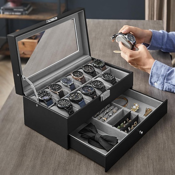 12-Slot Watch Box, Lockable Watch Case with Glass Lid, 2 Layers, with 1 Drawer