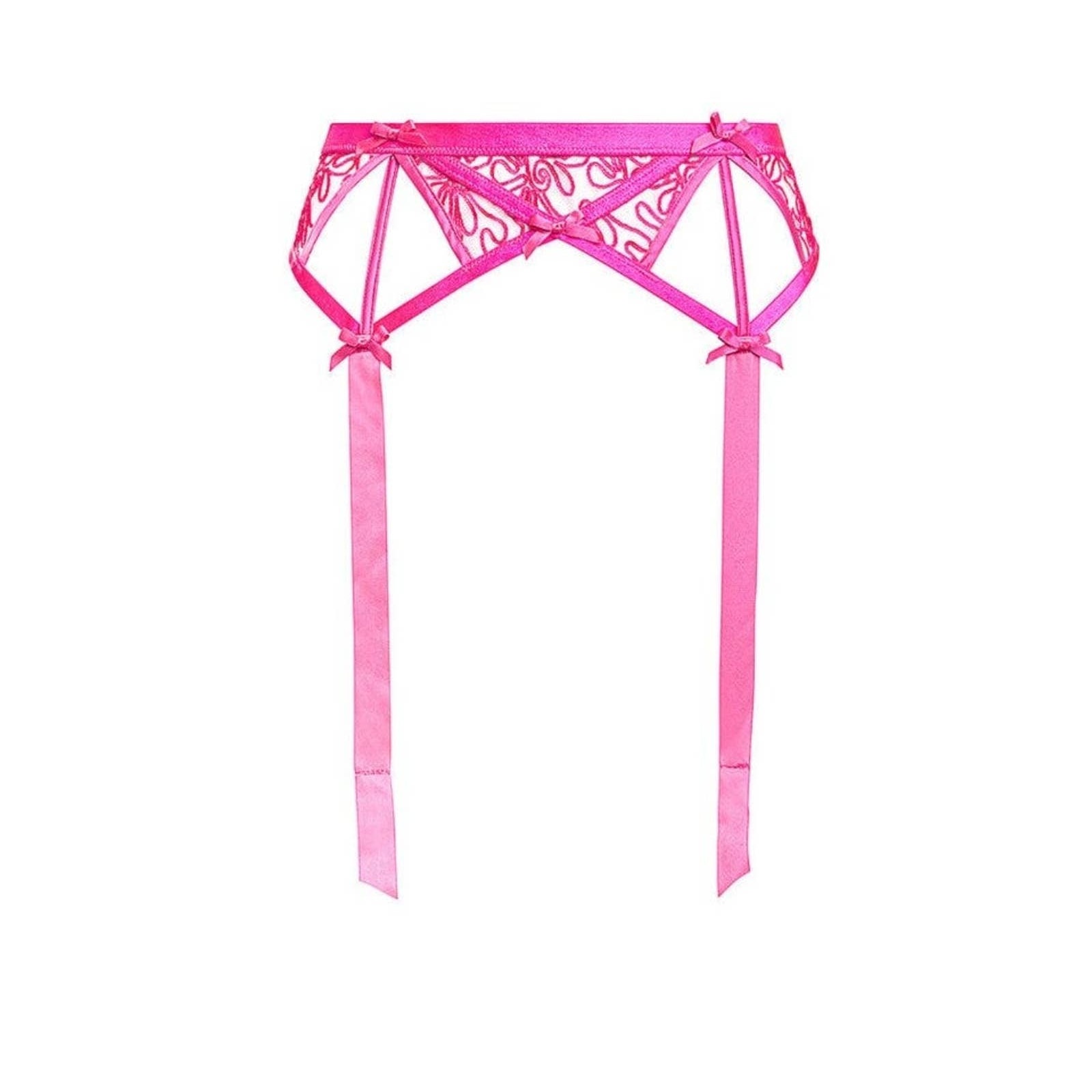 NWT FOR LOVE & LEMONS HOT PINK EMBROIDERED MESH GARTER BELT SIZE S