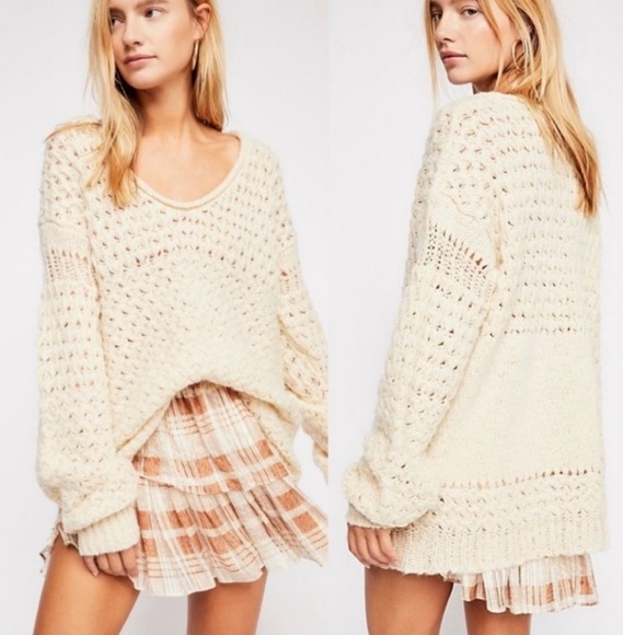 Free People Crashing Waves White Chunky Boho Wool Sweater Coastal Beach Festival