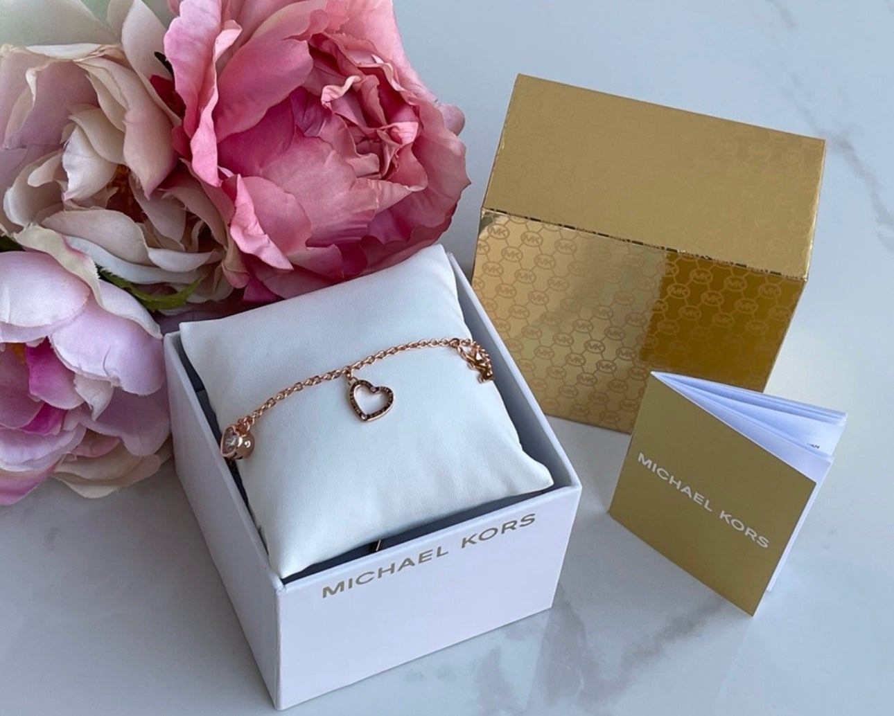 MICHAEL KORS 3 Charm MK Logo Rose Gold Slider Bracelet
