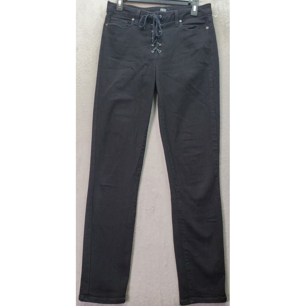 Paige Jeans Women Sz 30 Black Cotton Pockets Mid Rise Straight Leg Lace Up Front