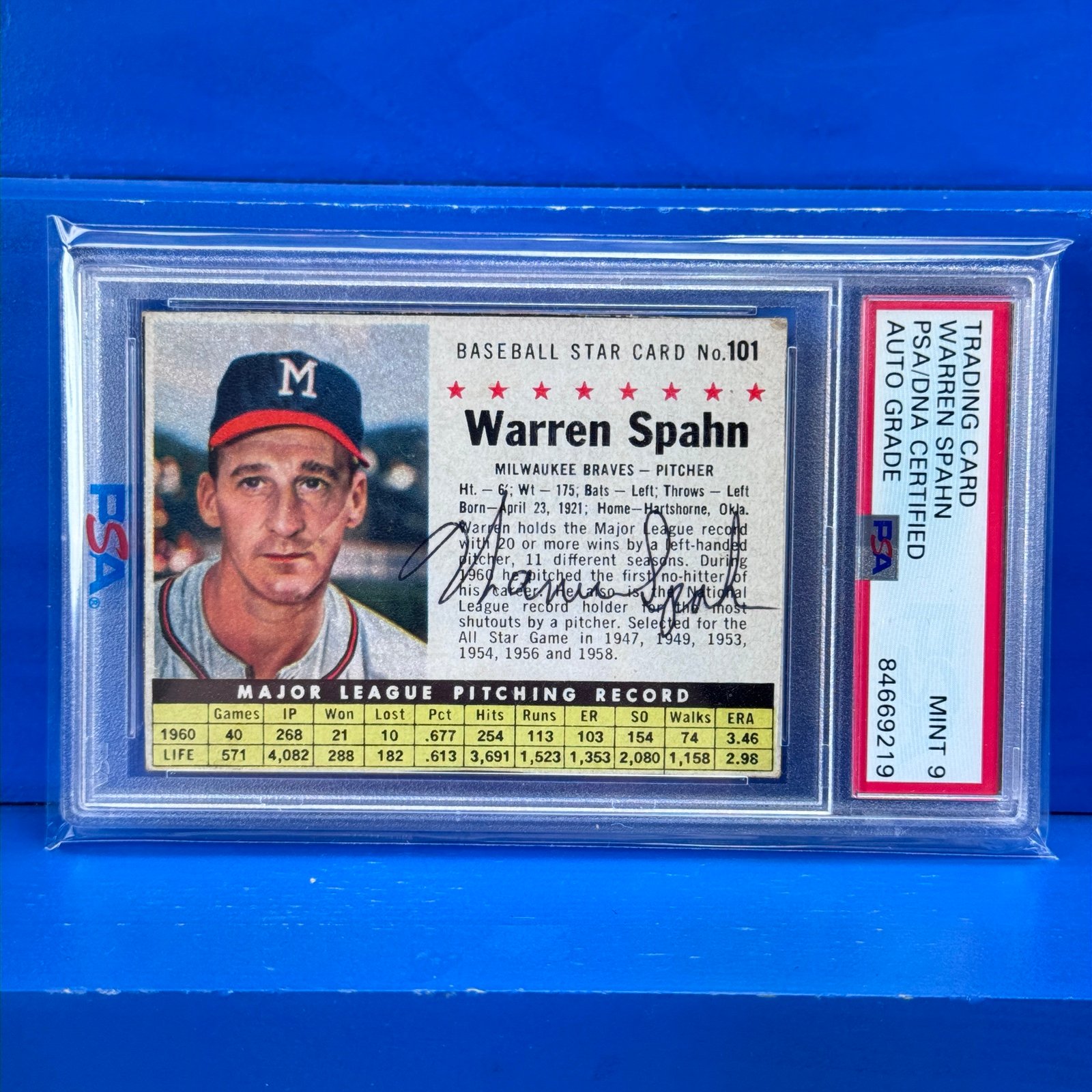 WARREN SPAHN Autograph Vintage 1961 Post Baseball Card Rare Braves HOF AUTO