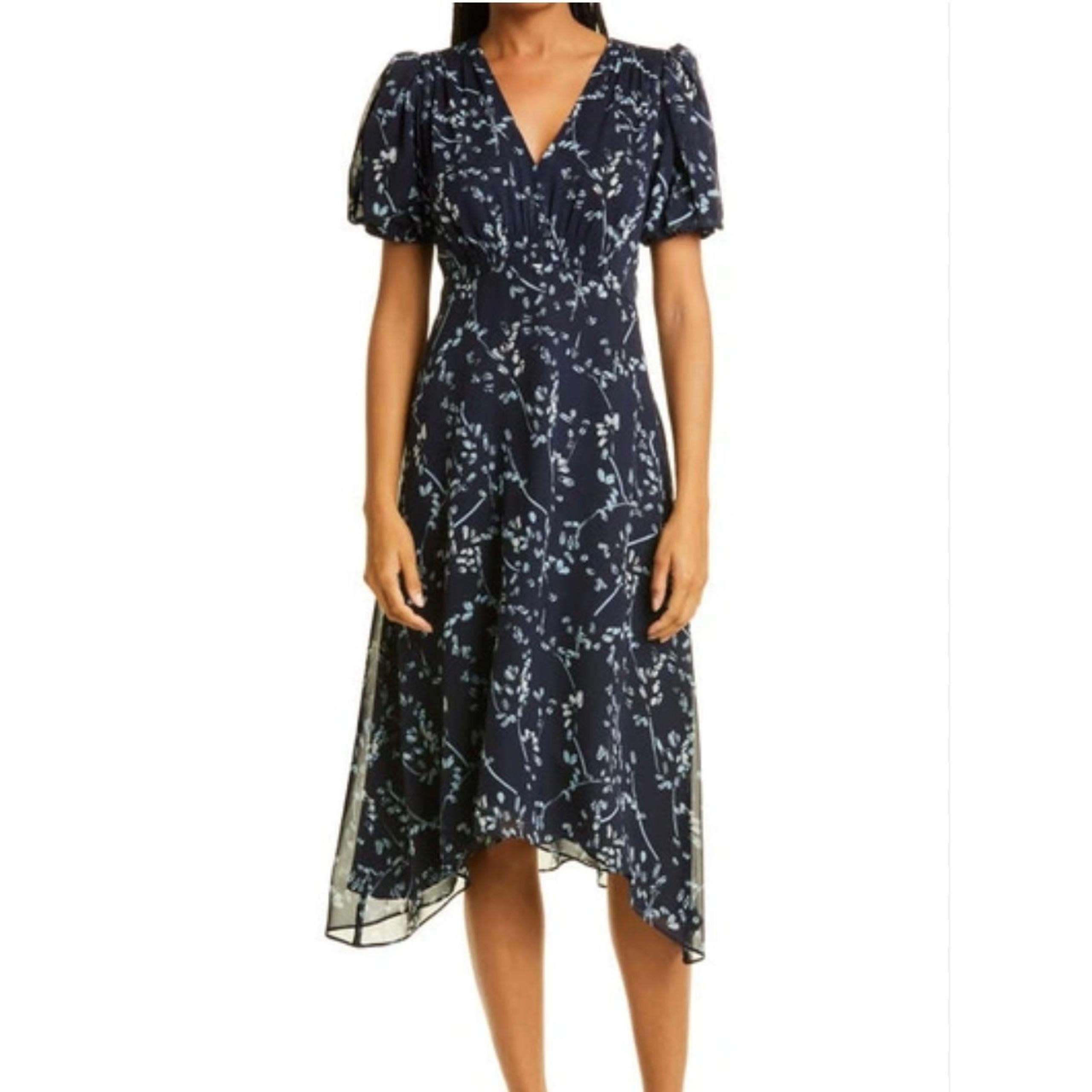 Club Monaco Women's Dress Size 12 NEW Floral Print Puff Sleeve Silk Midi Navy