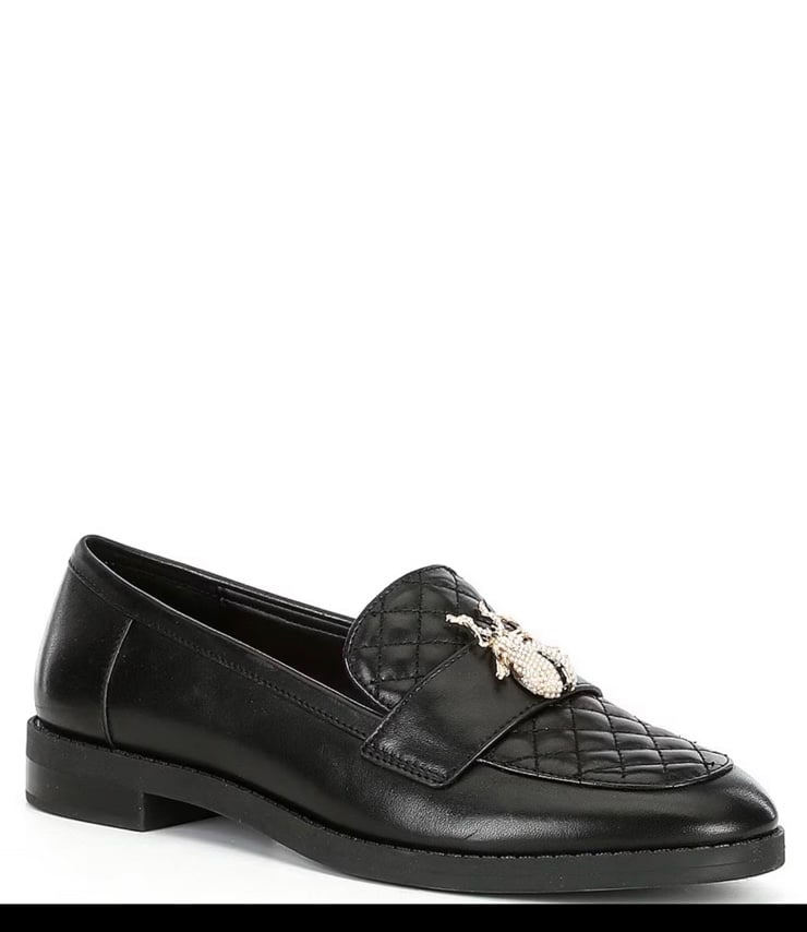 Gianni Bini Barrett Quilted leather pearl rhinestone beetle loafers black white