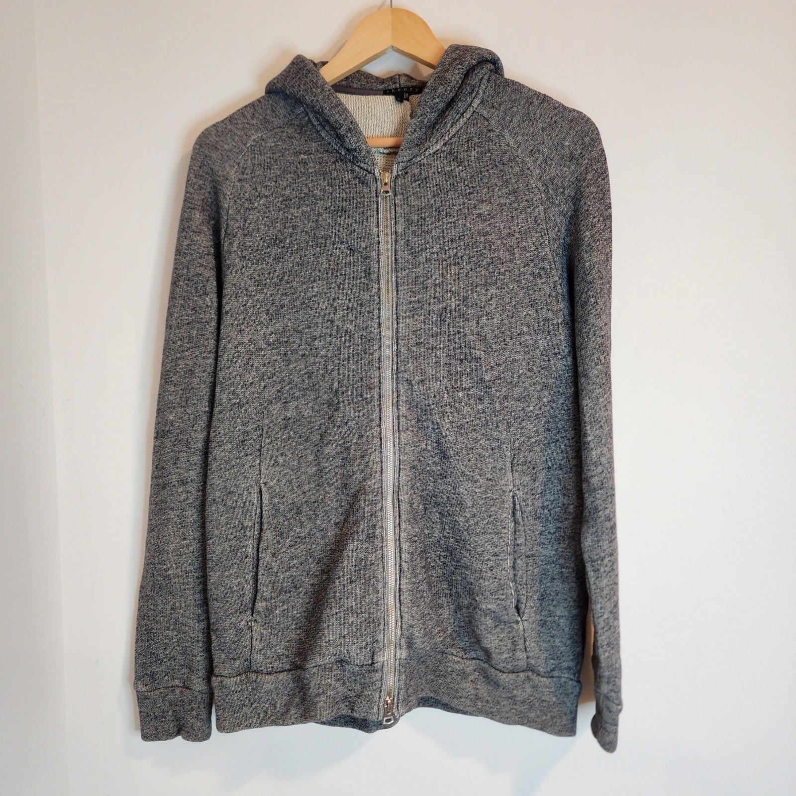 Theory Mens Large Gray Cotton Hooded Sweater Cotton Zip Front Long Sleeve