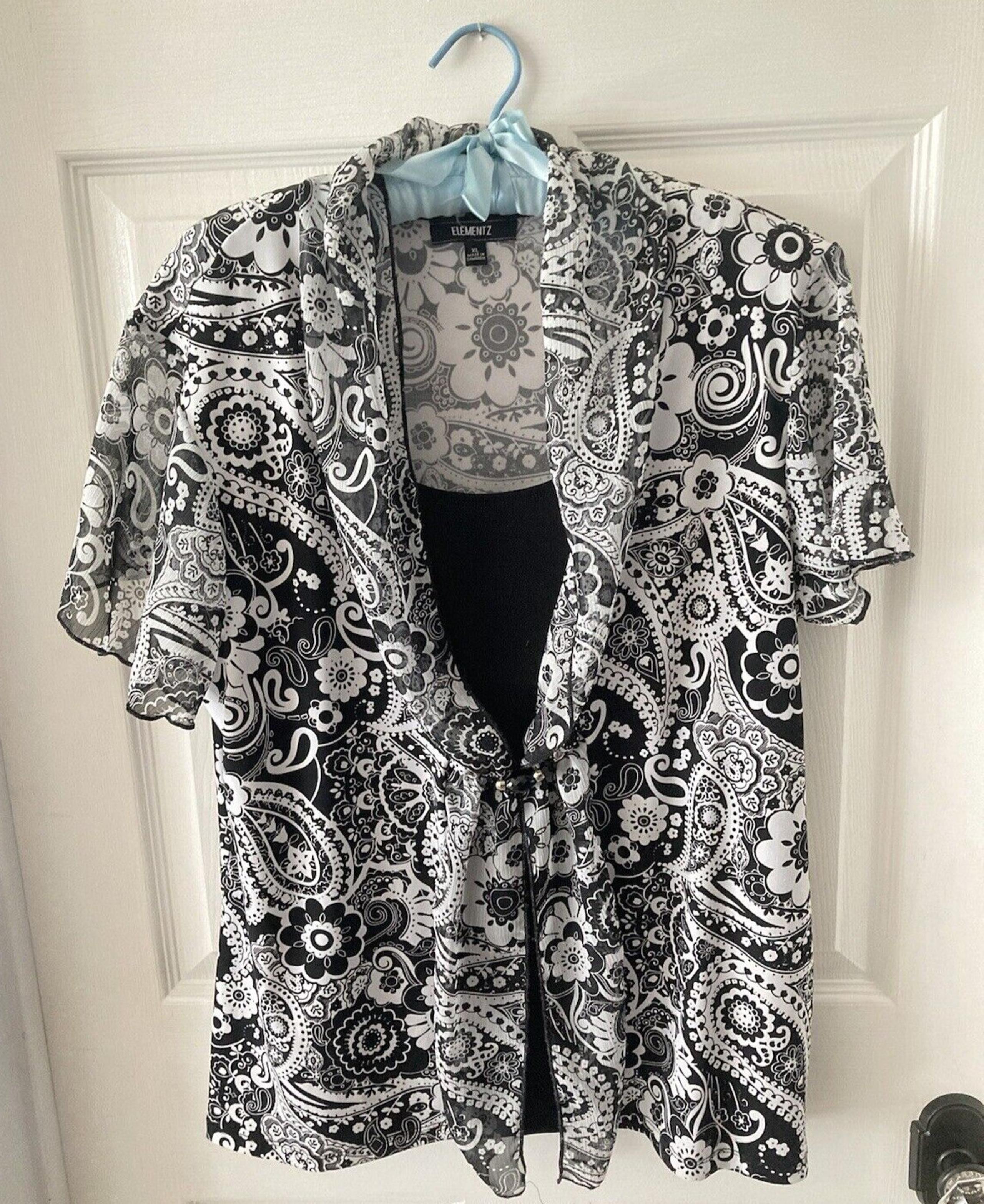 Elementz Women's Blouse Top Paisley XL Black White
