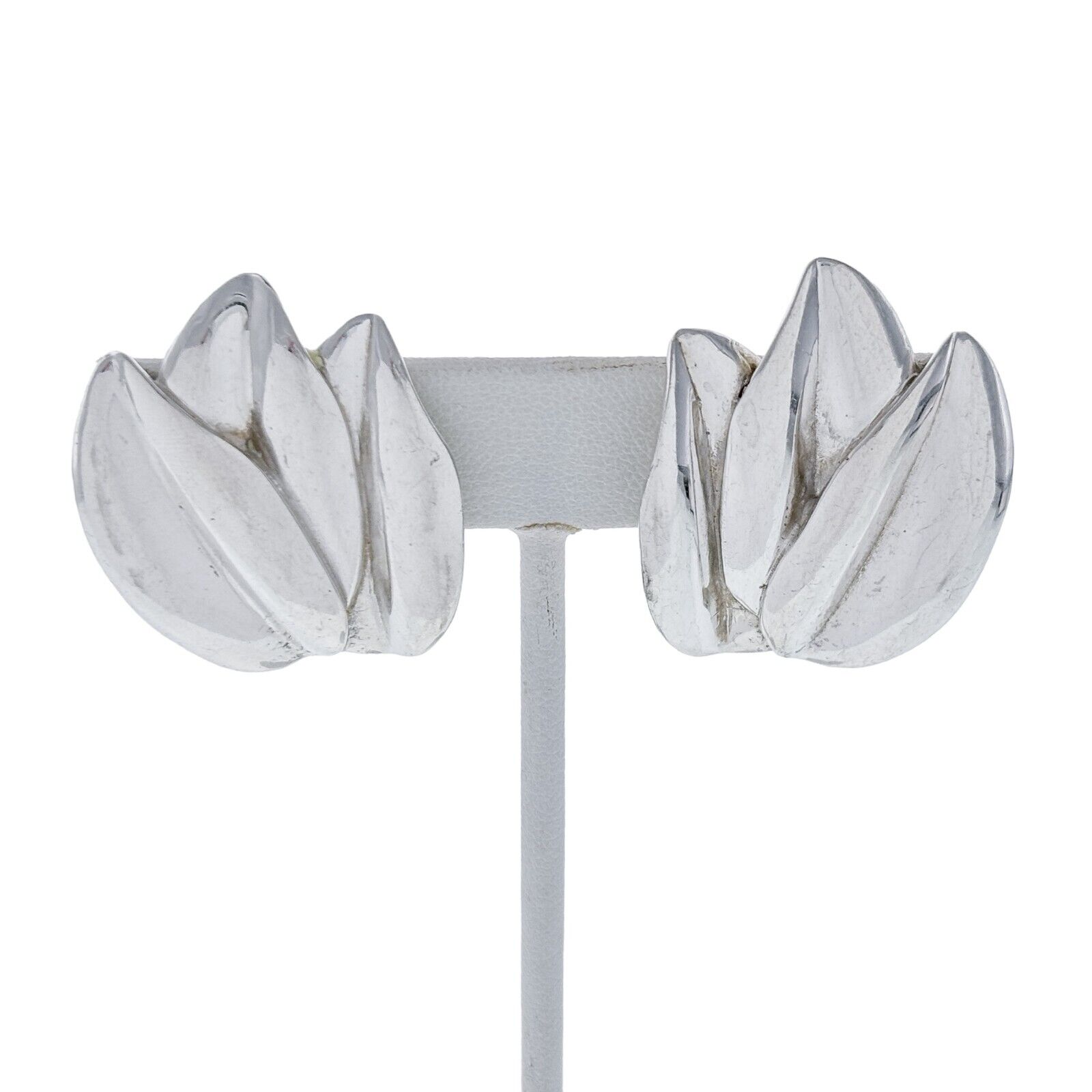 Vintage Sterling Silver 925 Sculpted Leaf Clip On Earrings