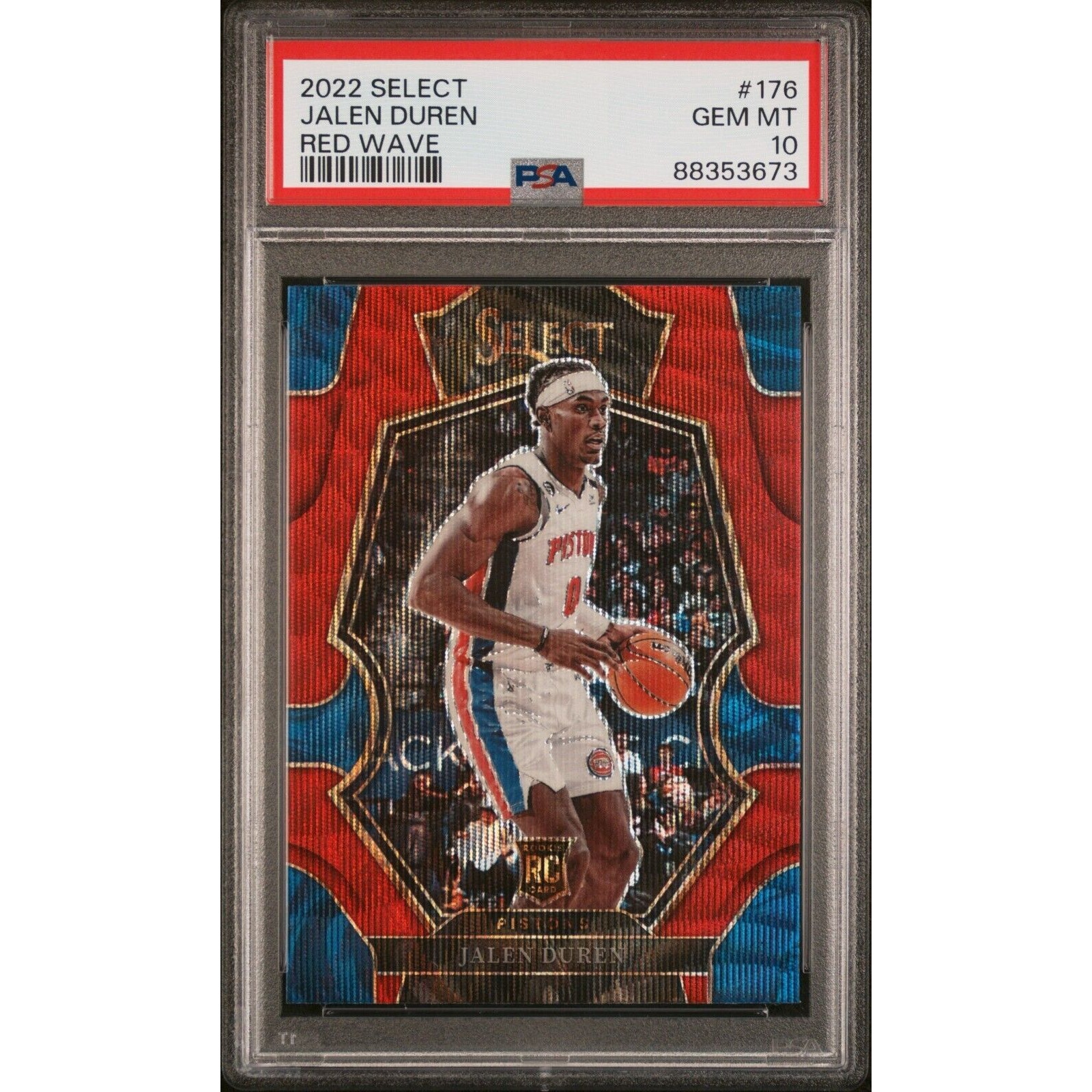 2022-23 Panini Select Jalen Duren Red Wave RC Pistons Color Match PSA 10 Pop 6