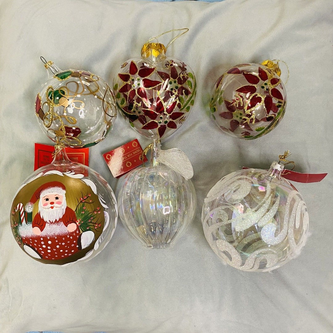 Clear Blown Glass Christmas Tree Ornament Holiday lot of 6 Vintage Hand Painted