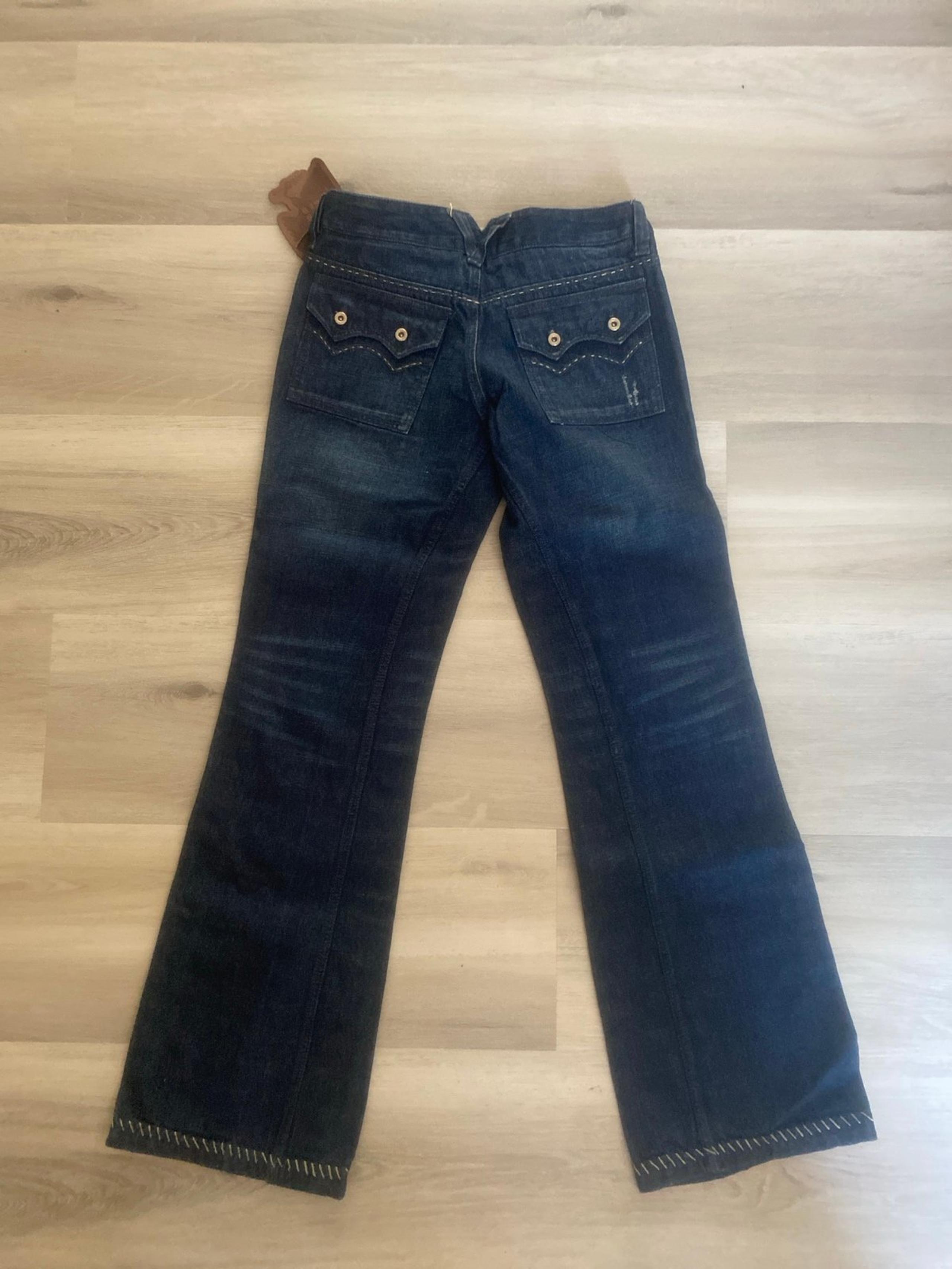 Y2K NWT ANTIK DENIM Flare Jeans $260 Dark Blue Contrast Stitching Decal Sz 28