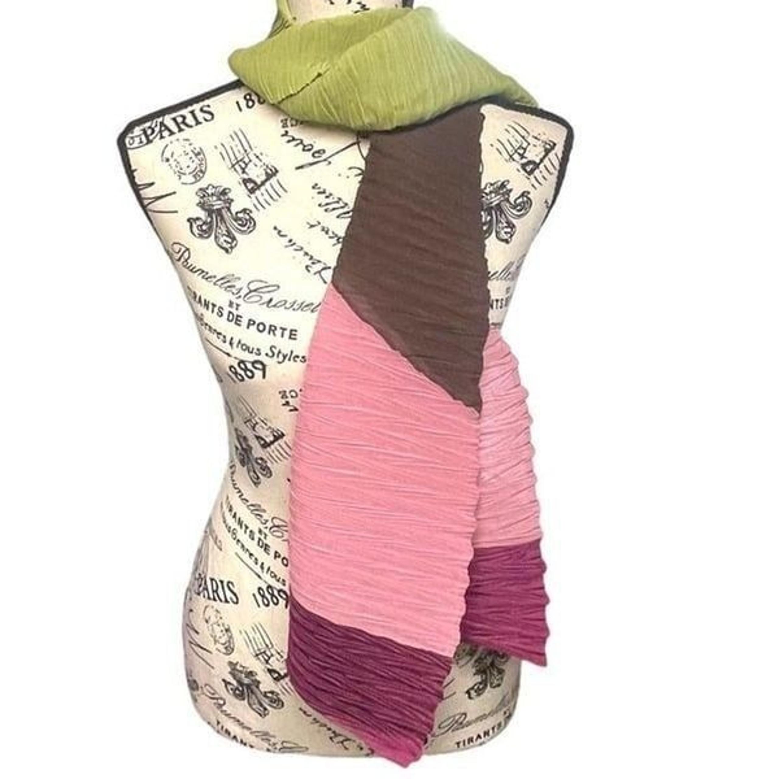 Boissy Paris Crepe Pleated Scarf Green Pink Brown Striped Vintage Made In France