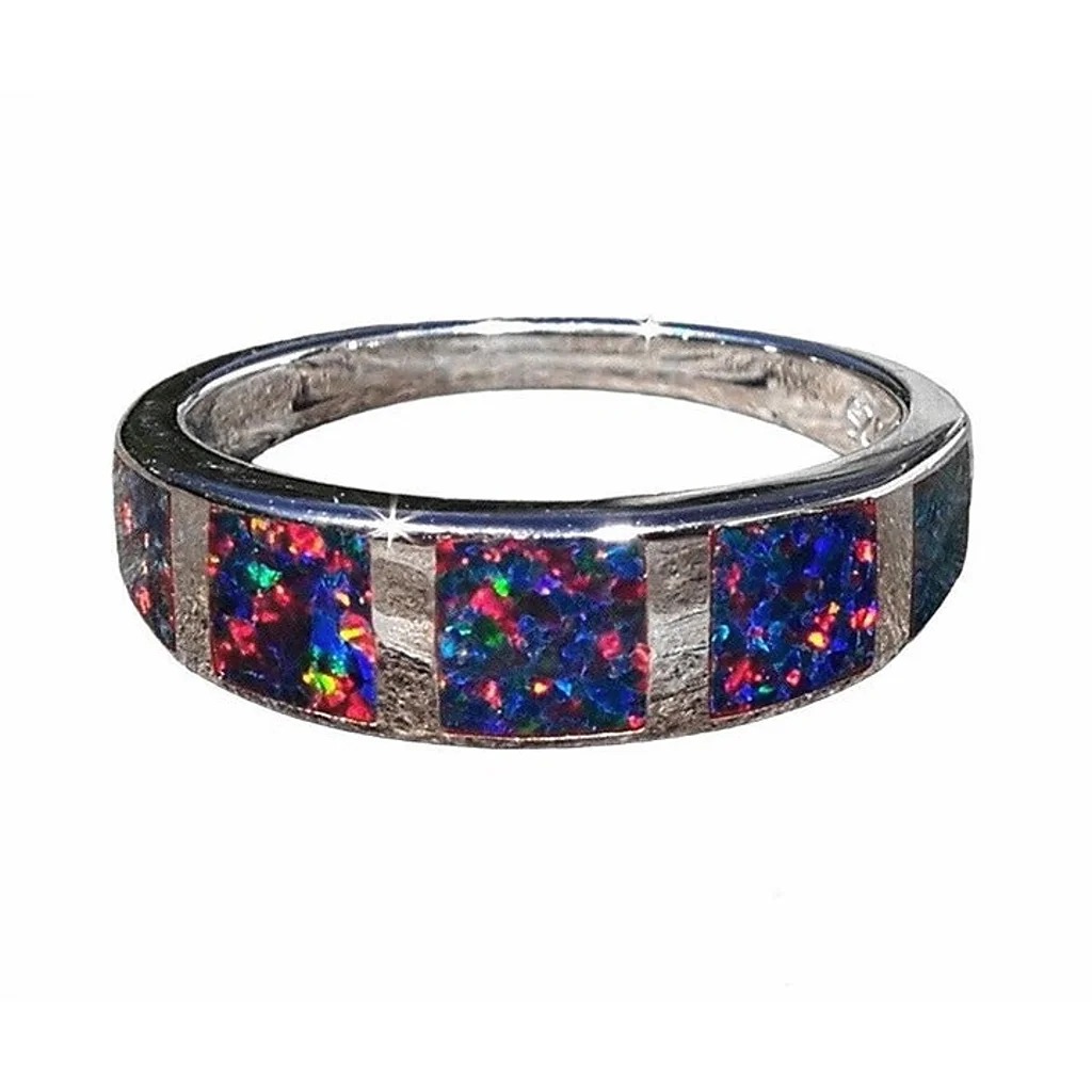 Size 10, 925 STERLING SILVER 5 Bar Lab Created Black Fire Opal Band Ring