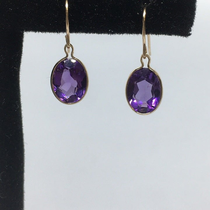14K Solid Yellow Gold 8mm By 6mm Oval Cut Amethyst Dangling Wire Earrings