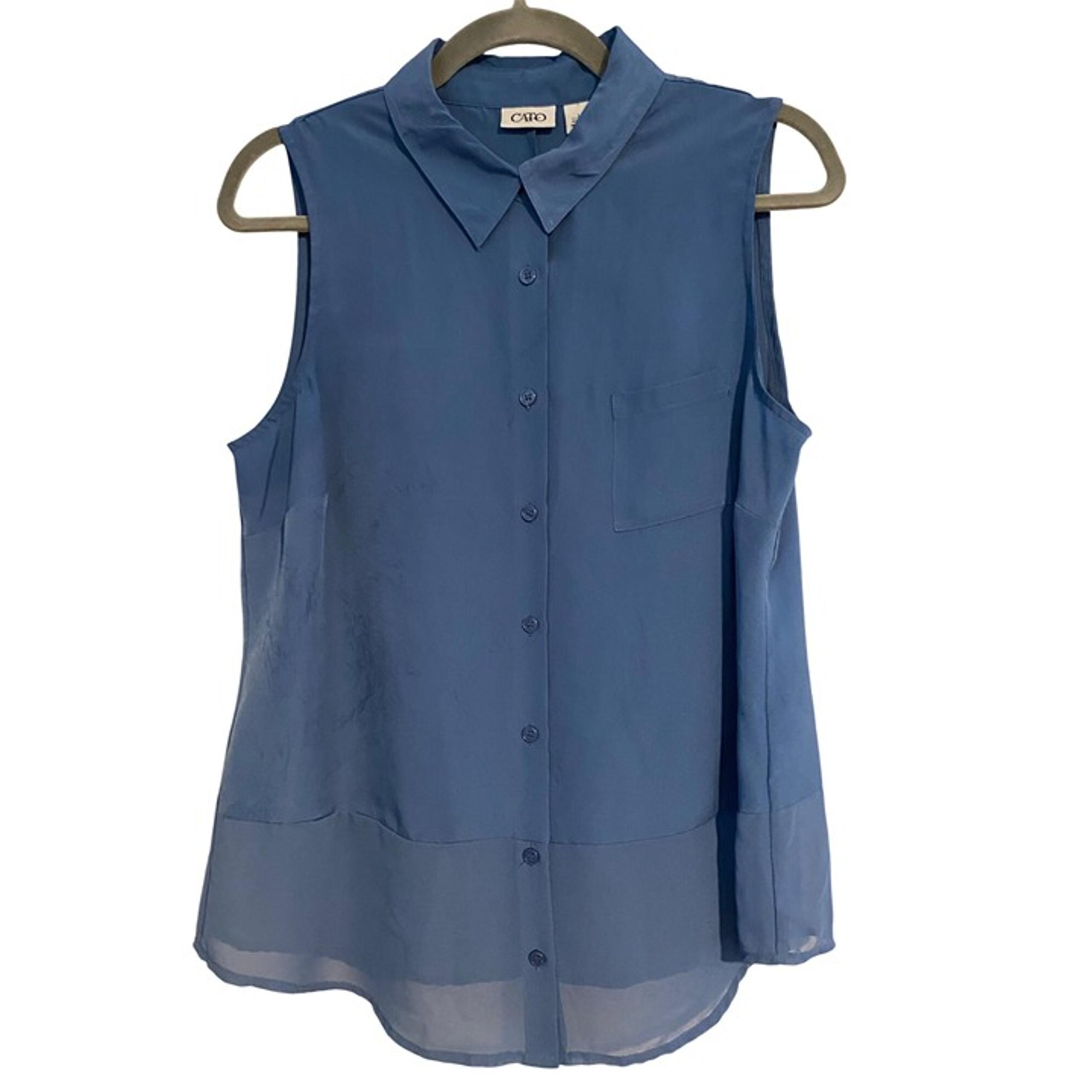 Cato Womens Sleeveless Button-Down Blouse Large Blue Lightweight Sheer Hem