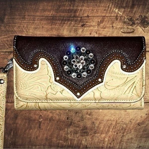 Western style wallet /wristlet! Cream embossed with brown design! New