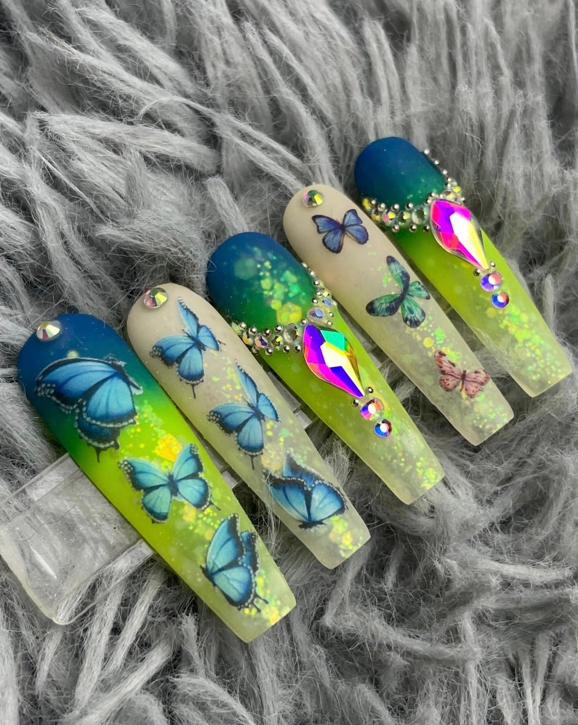 XL coffin blue green press on nails rhinestones glitter ombré butterflies custom