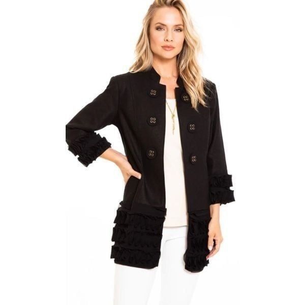 Multiples Women’s Black Rose Flower Trim Knee Length Overcoat Size L
