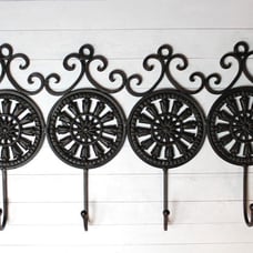 Vintage Cast Iron Metal Black Medallion Wall Hooks Four One-Piece French Country