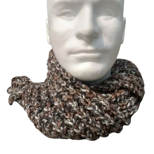 Men's Scarf Thick & Chunky Hand Knit Rib Striped Brown Beige White Face Mask